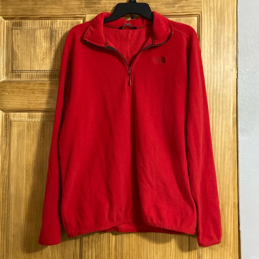 Red fleece North Face quarter zip pullover